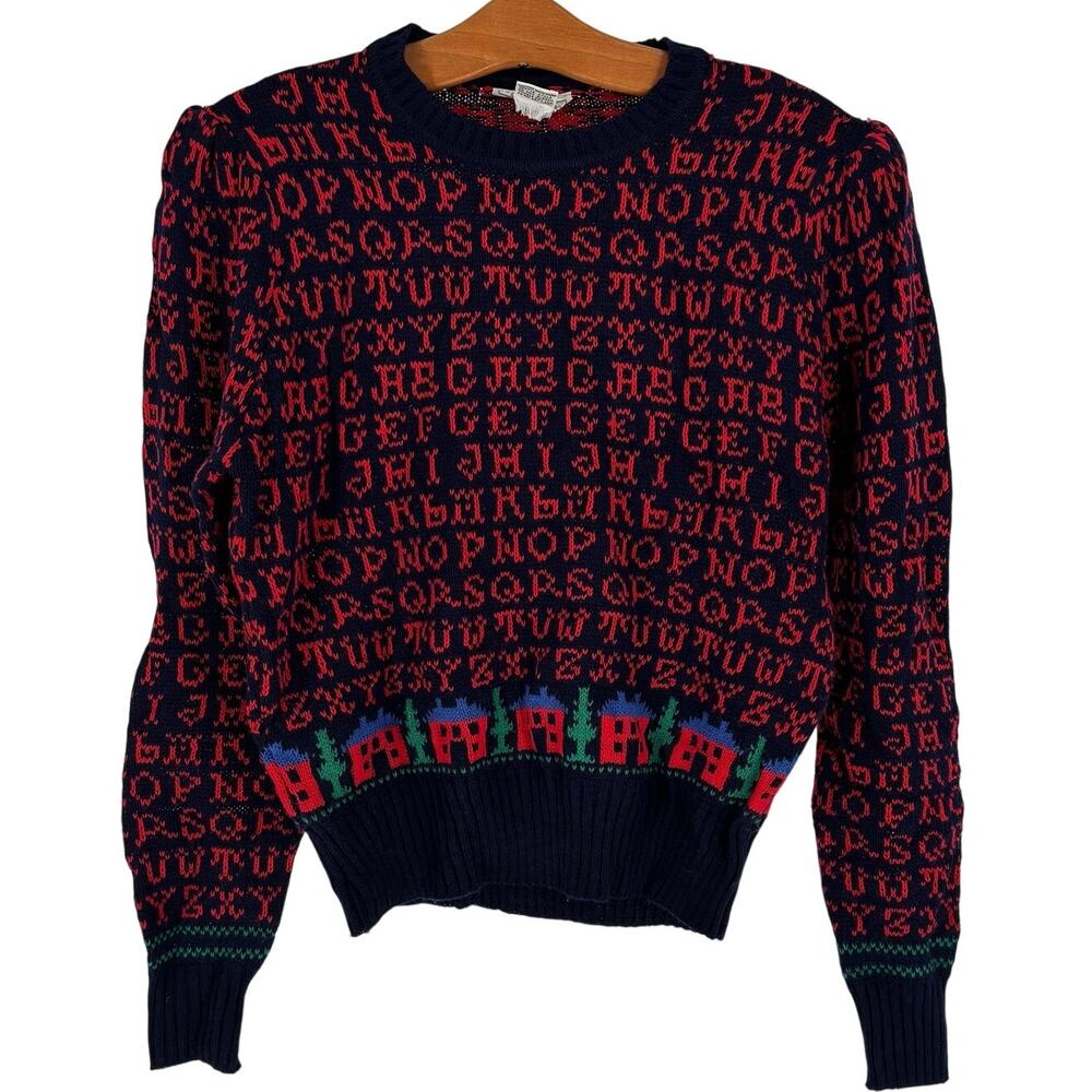 Vintage ABC Alphabet School Teacher Knit Sweater Sz L E.V. Ltd, Puff Shoulder